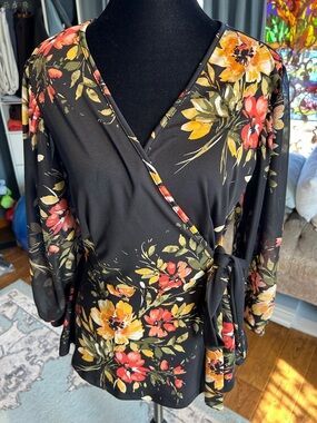 Black Floral Wrap Blouse with Tie